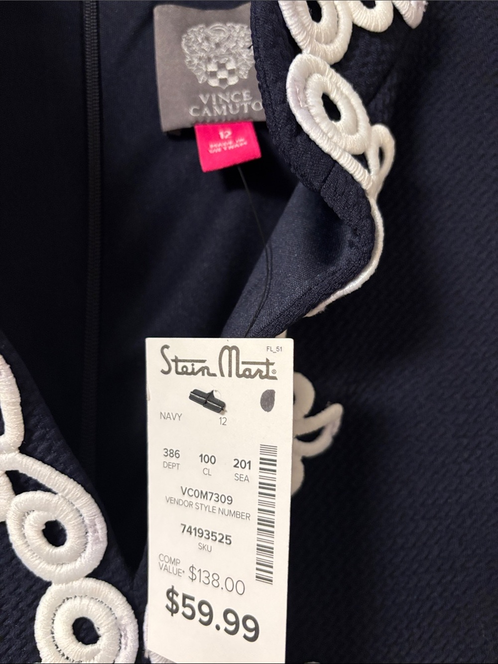 Vince Camuto Navy Sleeveless Dress with White Lace Trim - Picture 2 of 2
